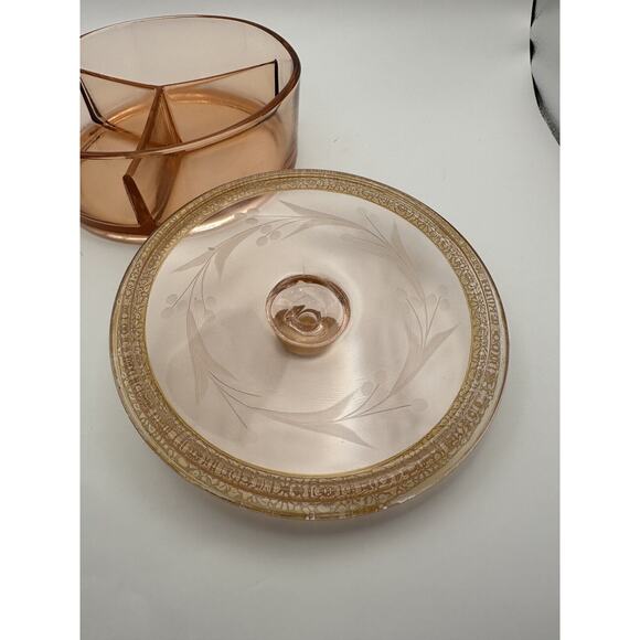 Pink Depression Glass 3 Section Gilt and Etched Top Dressing Table Box RARE! - Picture 6 of 8